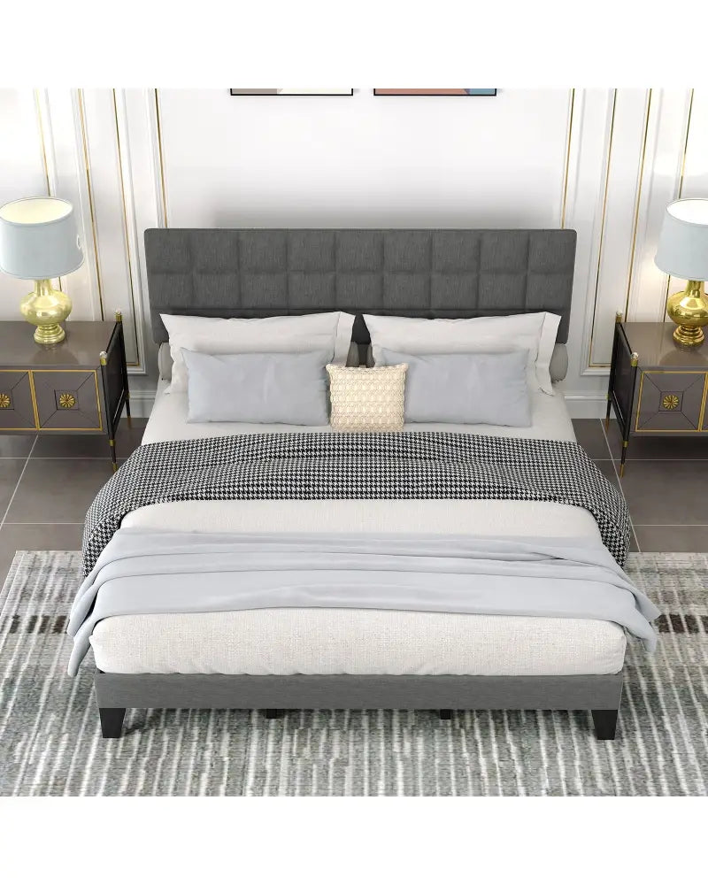 King Size Modern Linen Bed Frame with Adjustable Headboard-Gray - Gray - Simple Bed Frame