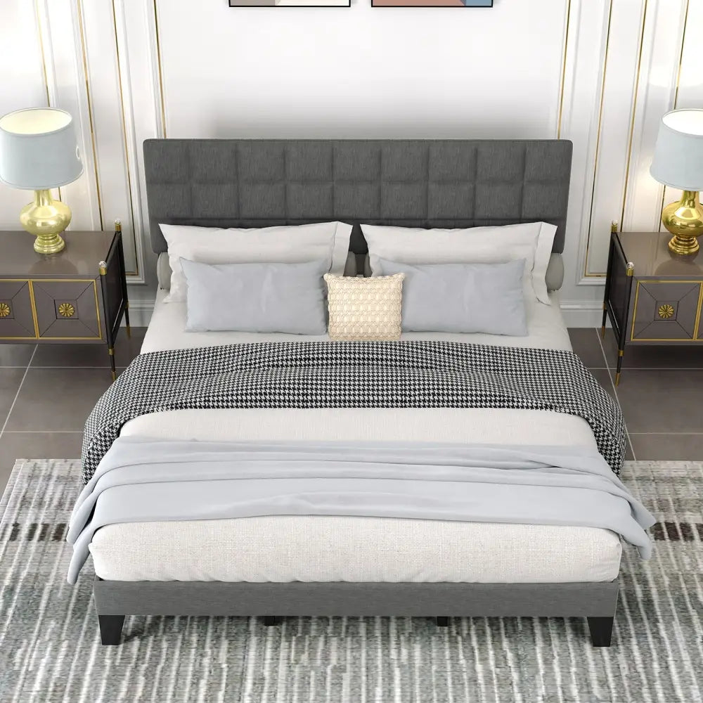 King Size Modern Linen Bed Frame with Adjustable Headboard-Gray - Gray - Simple Bed Frame