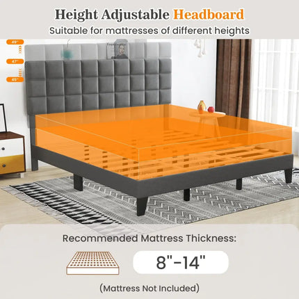 King Size Modern Linen Bed Frame with Adjustable Headboard-Gray - Gray - Simple Bed Frame