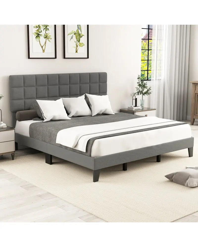 King Size Modern Linen Bed Frame with Adjustable Headboard-Gray - Gray - Simple Bed Frame