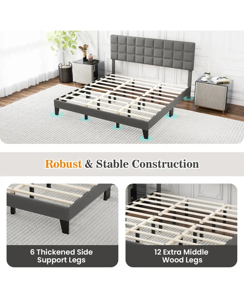 King Size Modern Linen Bed Frame with Adjustable Headboard-Gray - Gray - Simple Bed Frame