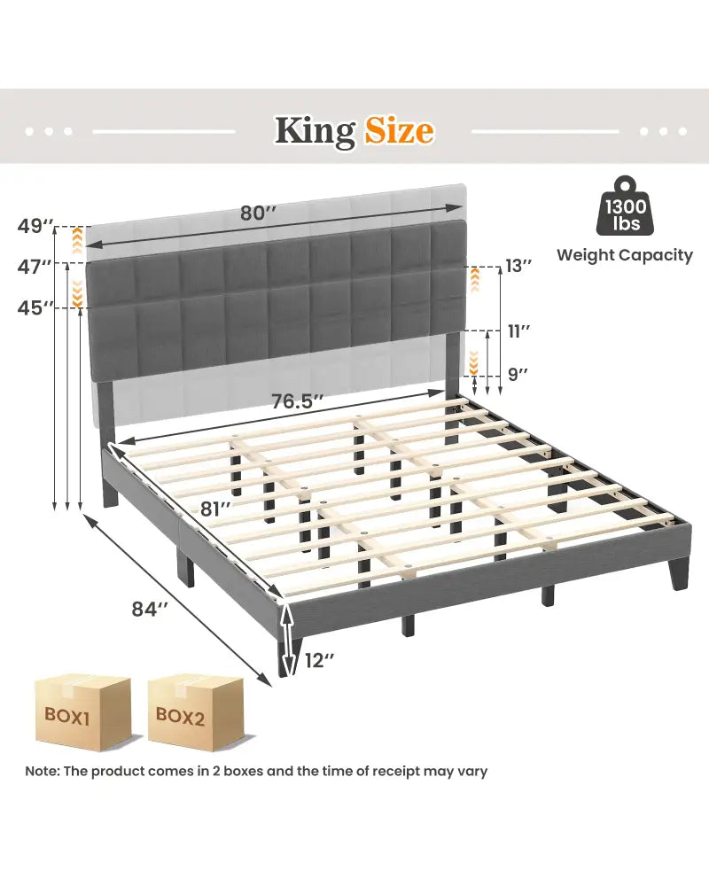King Size Modern Linen Bed Frame with Adjustable Headboard-Gray - Gray - Simple Bed Frame
