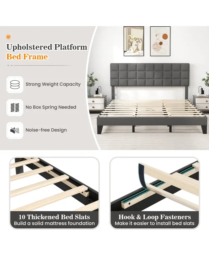 King Size Modern Linen Bed Frame with Adjustable Headboard-Gray - Gray - Simple Bed Frame
