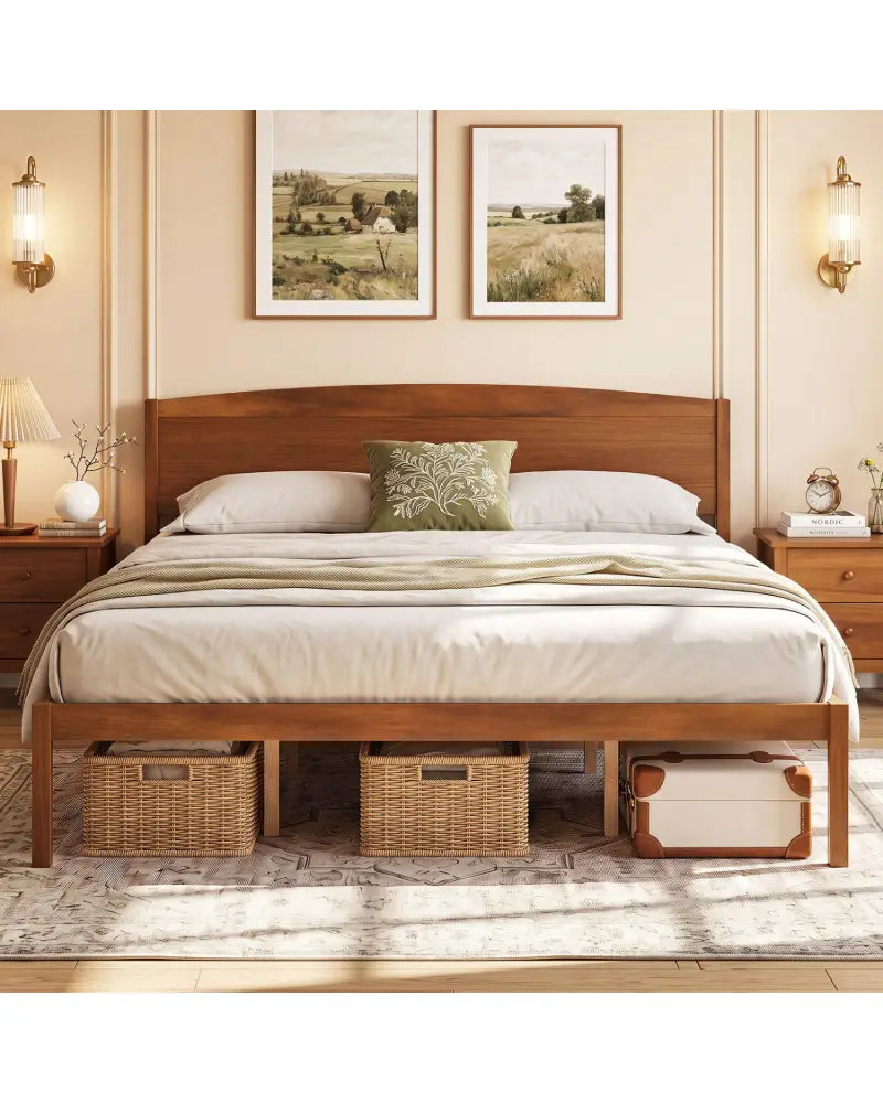 King Size Wooden Platform Bed Frame with Curved Headboard-Walnut - Walnut - Beds & Bed Frames