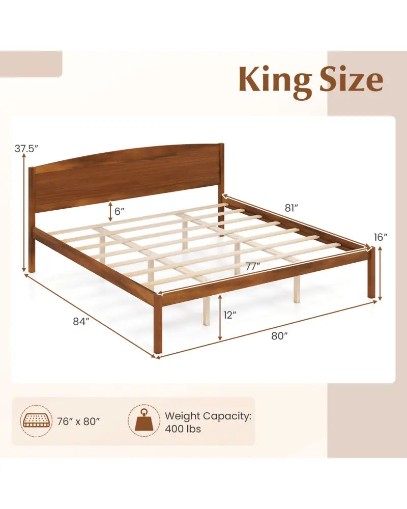 King Size Wooden Platform Bed Frame with Curved Headboard-Walnut - Walnut - Beds & Bed Frames