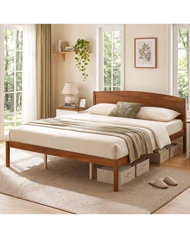 King Size Wooden Platform Bed Frame with Curved Headboard-Walnut - Walnut - Beds & Bed Frames
