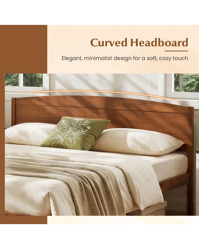 King Size Wooden Platform Bed Frame with Curved Headboard-Walnut - Walnut - Beds & Bed Frames