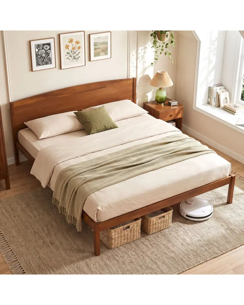 King Size Wooden Platform Bed Frame with Curved Headboard-Walnut - Walnut - Beds & Bed Frames