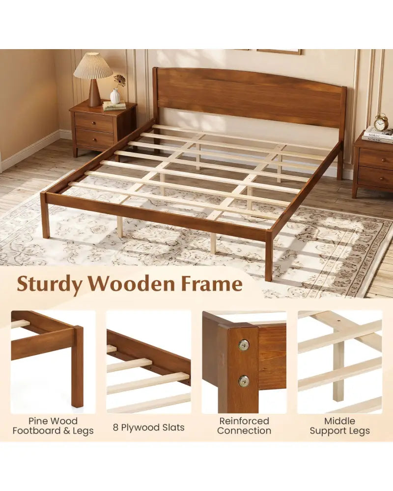 King Size Wooden Platform Bed Frame with Curved Headboard-Walnut - Walnut - Beds & Bed Frames