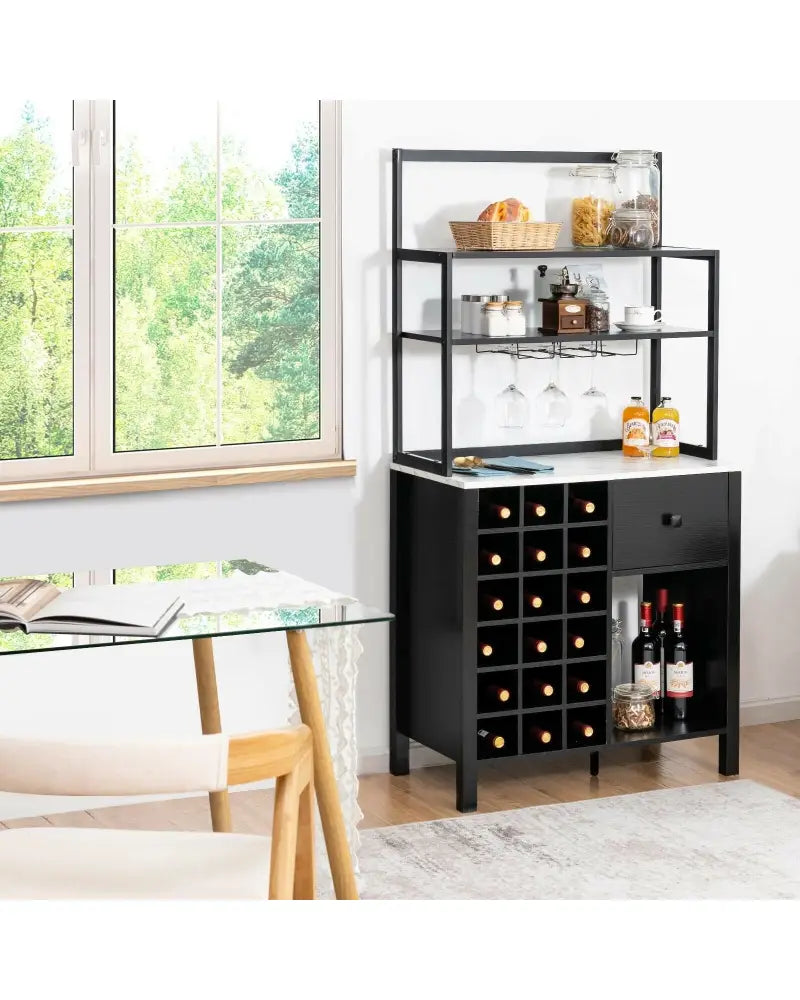 Kitchen Bakers Rack Freestanding Wine Rack Table with Glass Holder and Drawer-Black - Black - Sideboards Cabinets &