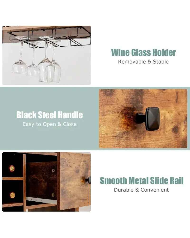 Kitchen Bakers Rack Freestanding Wine Rack Table with Glass Holder and Drawer-Rustic Brown - Rustic Brown - Sideboards
