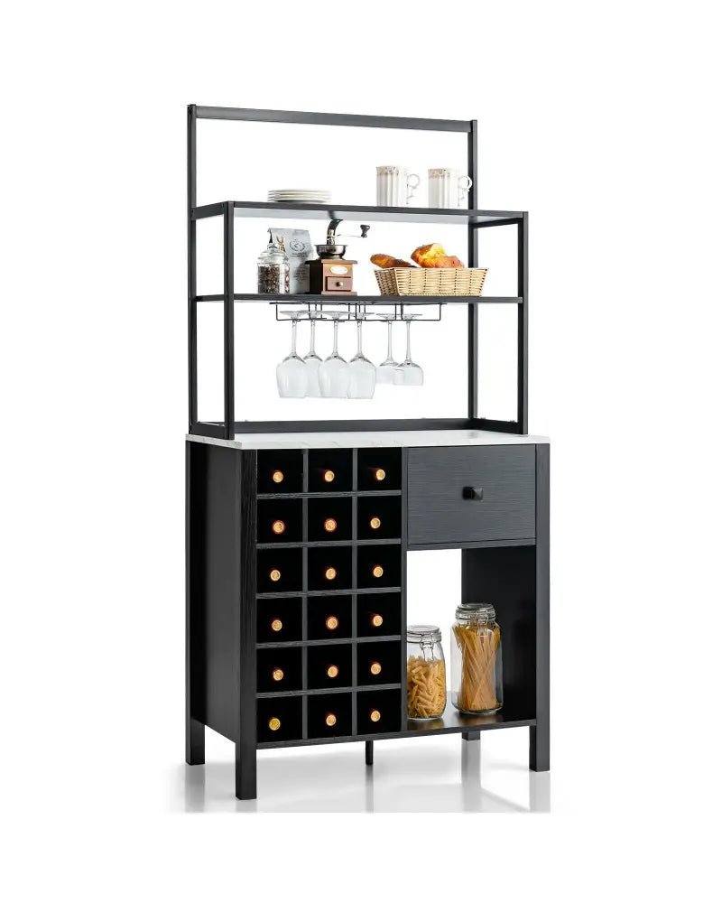Kitchen Bakers Rack Freestanding Wine Rack Table with Glass Holder and Drawer-Black - Black - Sideboards Cabinets &