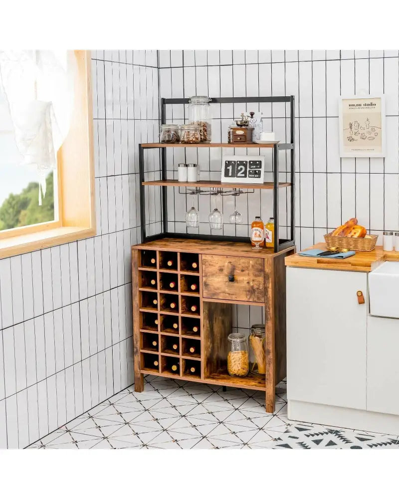 Kitchen Bakers Rack Freestanding Wine Rack Table with Glass Holder and Drawer-Rustic Brown - Rustic Brown - Sideboards