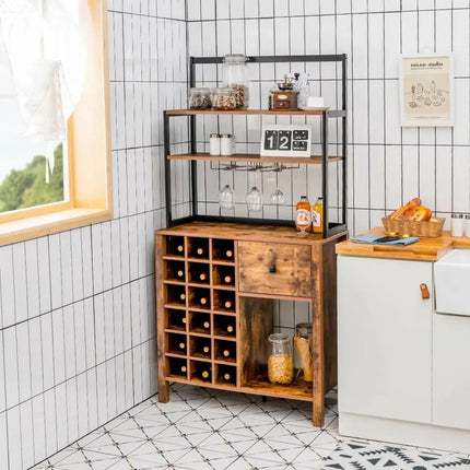 Kitchen Bakers Rack Freestanding Wine Rack Table with Glass Holder and Drawer-Rustic Brown - Rustic Brown - Sideboards