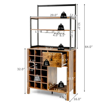 Kitchen Bakers Rack Freestanding Wine Rack Table with Glass Holder and Drawer-Rustic Brown - Rustic Brown - Sideboards