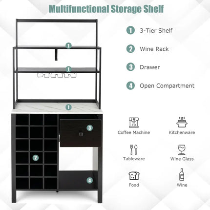 Kitchen Bakers Rack Freestanding Wine Rack Table with Glass Holder and Drawer-Black - Black - Sideboards Cabinets &