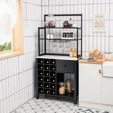 Kitchen Bakers Rack Freestanding Wine Rack Table with Glass Holder and Drawer-Black - Black - Sideboards Cabinets &