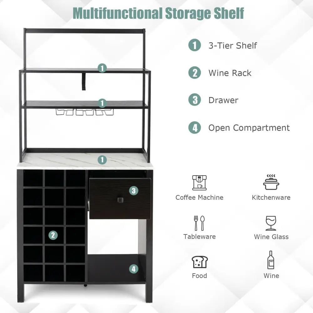 Kitchen Bakers Rack Freestanding Wine Rack Table with Glass Holder and Drawer-Black - Black - Sideboards Cabinets &