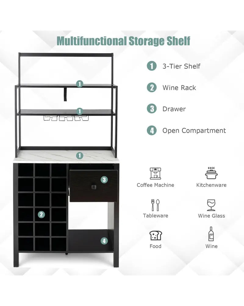 Kitchen Bakers Rack Freestanding Wine Rack Table with Glass Holder and Drawer-Black - Black - Sideboards Cabinets &