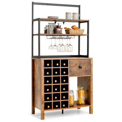 Kitchen Bakers Rack Freestanding Wine Rack Table with Glass Holder and Drawer-Rustic Brown - Rustic Brown - Sideboards