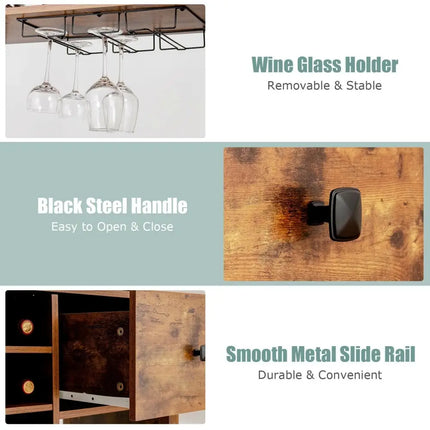 Kitchen Bakers Rack Freestanding Wine Rack Table with Glass Holder and Drawer-Rustic Brown - Rustic Brown - Sideboards