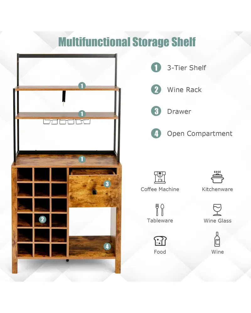 Kitchen Bakers Rack Freestanding Wine Rack Table with Glass Holder and Drawer-Rustic Brown - Rustic Brown - Sideboards