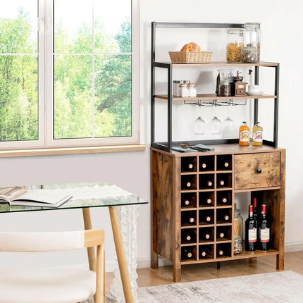 Kitchen Bakers Rack Freestanding Wine Rack Table with Glass Holder and Drawer-Rustic Brown - Rustic Brown - Sideboards