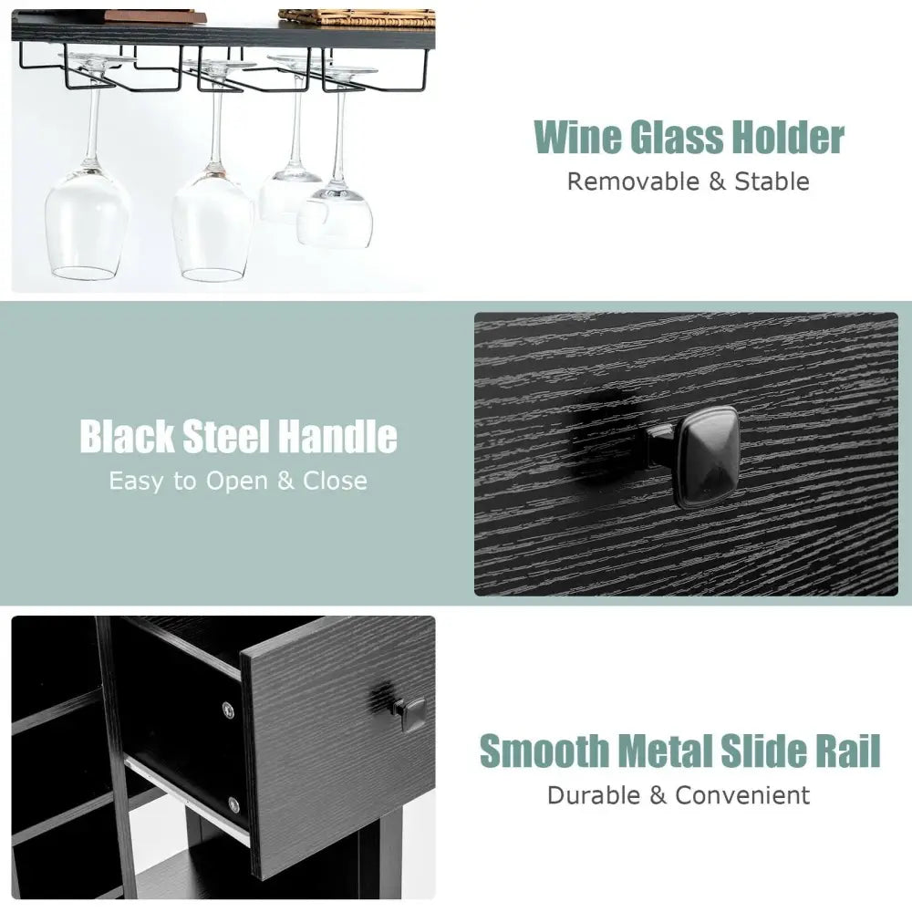 Kitchen Bakers Rack Freestanding Wine Rack Table with Glass Holder and Drawer-Black - Black - Sideboards Cabinets &