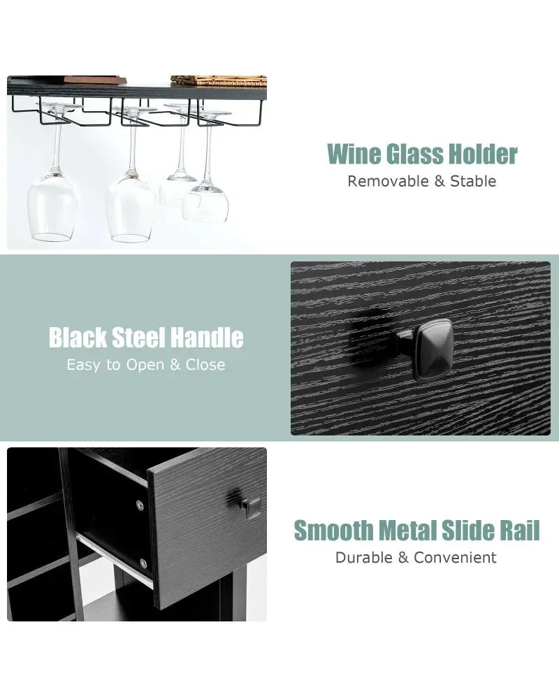 Kitchen Bakers Rack Freestanding Wine Rack Table with Glass Holder and Drawer-Black - Black - Sideboards Cabinets &