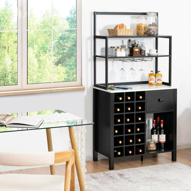 Kitchen Bakers Rack Freestanding Wine Rack Table with Glass Holder and Drawer-Black - Black - Sideboards Cabinets &
