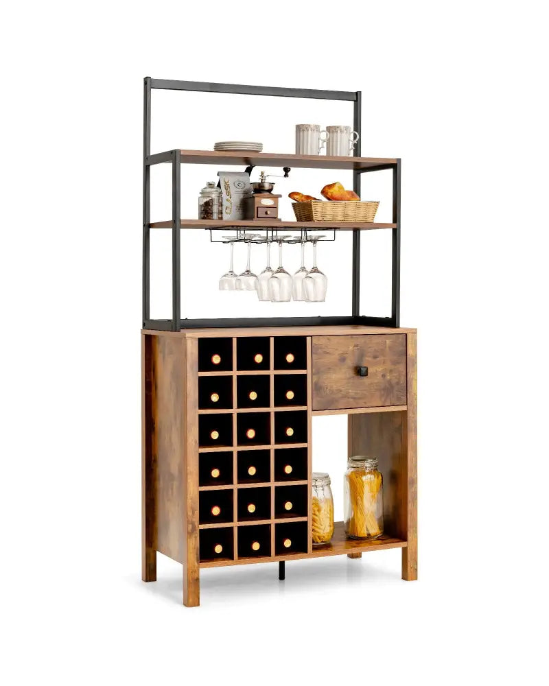 Kitchen Bakers Rack Freestanding Wine Rack Table with Glass Holder and Drawer-Rustic Brown - Rustic Brown - Sideboards