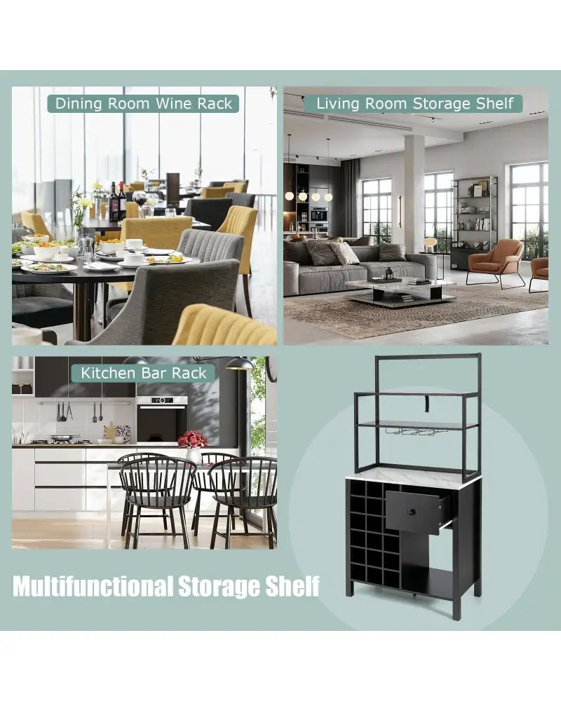Kitchen Bakers Rack Freestanding Wine Rack Table with Glass Holder and Drawer-Black - Black - Sideboards Cabinets &