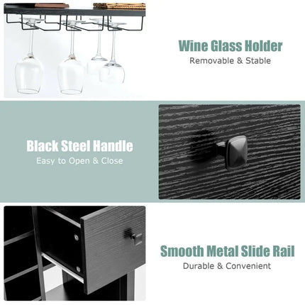 Kitchen Bakers Rack Freestanding Wine Rack Table with Glass Holder and Drawer-Black - Black - Sideboards Cabinets &