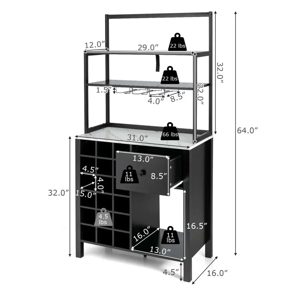 Kitchen Bakers Rack Freestanding Wine Rack Table with Glass Holder and Drawer-Black - Black - Sideboards Cabinets &