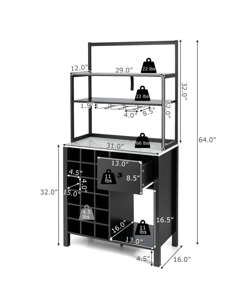 Kitchen Bakers Rack Freestanding Wine Rack Table with Glass Holder and Drawer-Black - Black - Sideboards Cabinets &