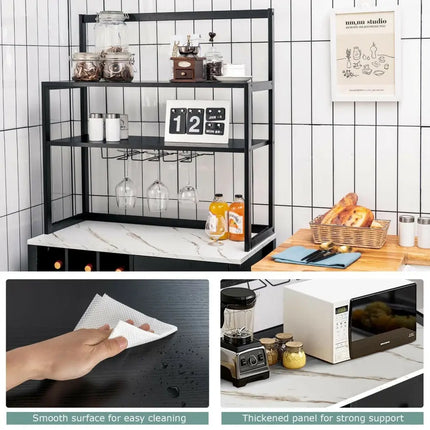 Kitchen Bakers Rack Freestanding Wine Rack Table with Glass Holder and Drawer-Black - Black - Sideboards Cabinets &