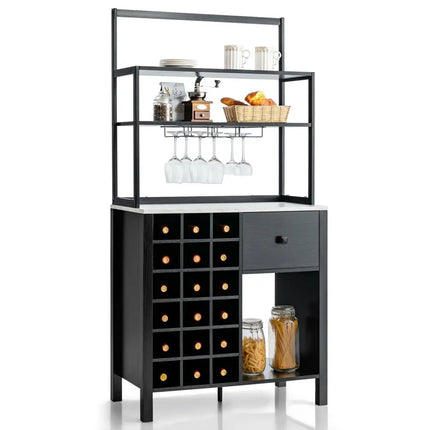 Kitchen Bakers Rack Freestanding Wine Rack Table with Glass Holder and Drawer-Black - Black - Sideboards Cabinets &