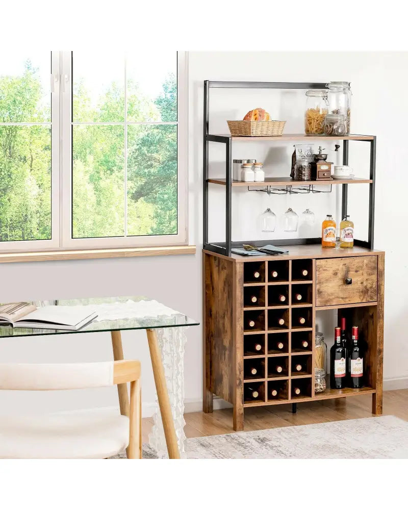 Kitchen Bakers Rack Freestanding Wine Rack Table with Glass Holder and Drawer-Rustic Brown - Rustic Brown - Sideboards