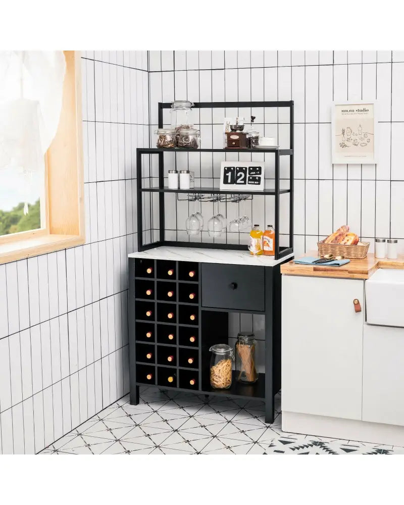 Kitchen Bakers Rack Freestanding Wine Rack Table with Glass Holder and Drawer-Black - Black - Sideboards Cabinets &