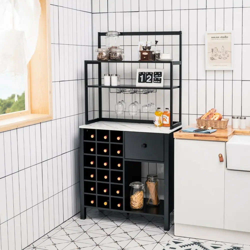 Kitchen Bakers Rack Freestanding Wine Rack Table with Glass Holder and Drawer-Black - Black - Sideboards Cabinets &