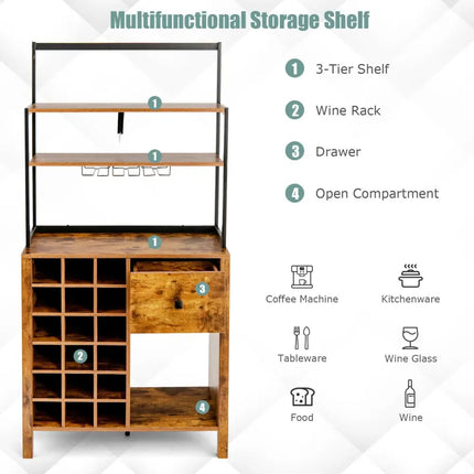 Kitchen Bakers Rack Freestanding Wine Rack Table with Glass Holder and Drawer-Rustic Brown - Rustic Brown - Sideboards