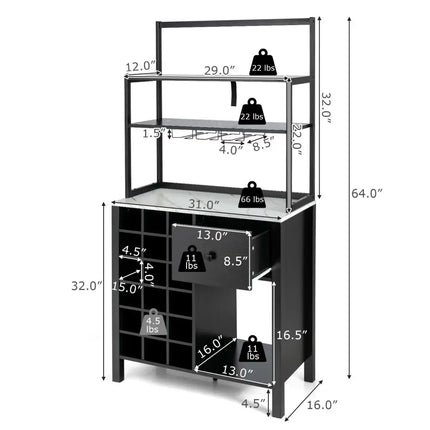 Kitchen Bakers Rack Freestanding Wine Rack Table with Glass Holder and Drawer-Black - Black - Sideboards Cabinets &