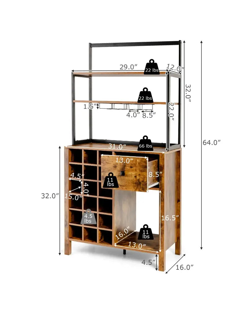 Kitchen Bakers Rack Freestanding Wine Rack Table with Glass Holder and Drawer-Rustic Brown - Rustic Brown - Sideboards