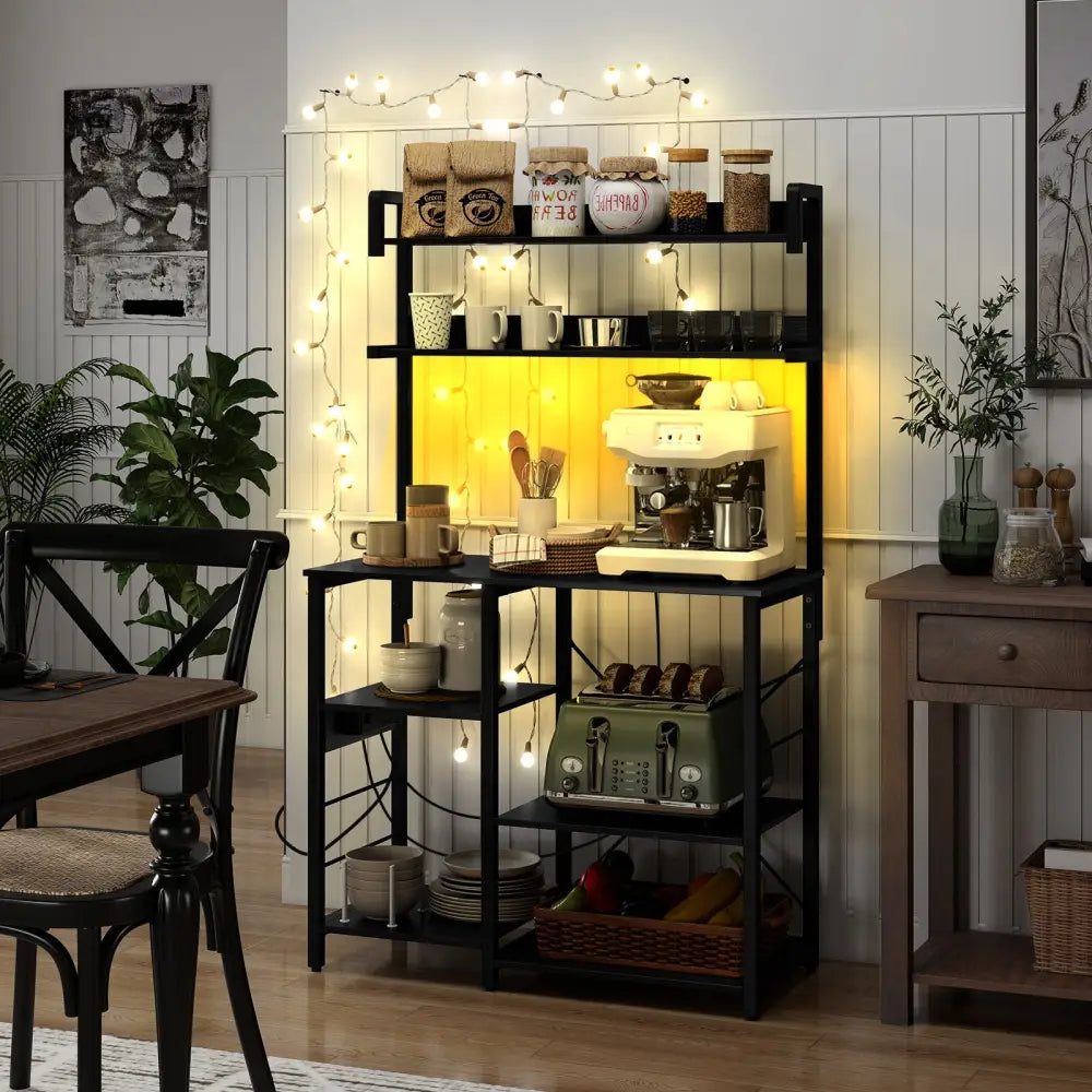 Kitchen Bakers Rack with Power Outlet 5-Tier Microwave Oven Stand with LED Lights-Black - Black - Baker’s Racks