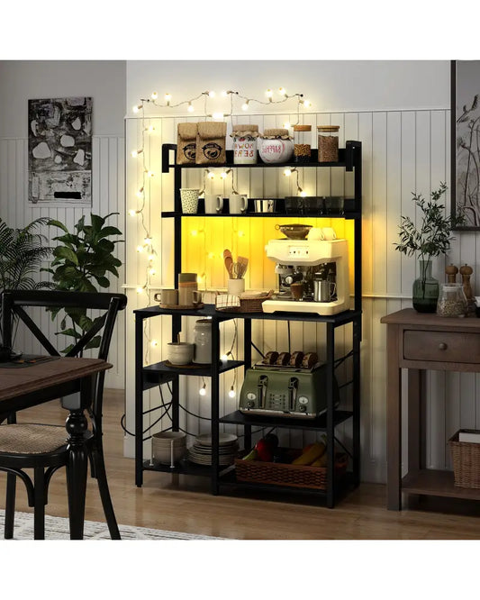 Kitchen Bakers Rack with Power Outlet 5-Tier Microwave Oven Stand with LED Lights-Black - Black - Baker’s Racks