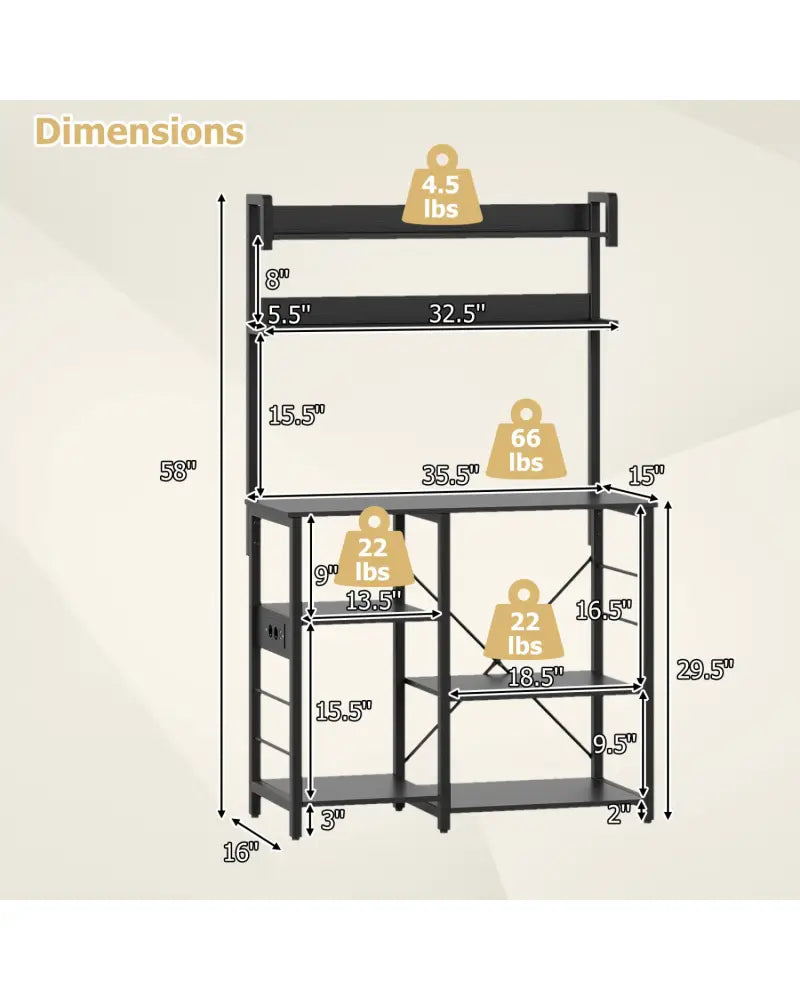 Kitchen Bakers Rack with Power Outlet 5-Tier Microwave Oven Stand with LED Lights-Black - Black - Baker’s Racks
