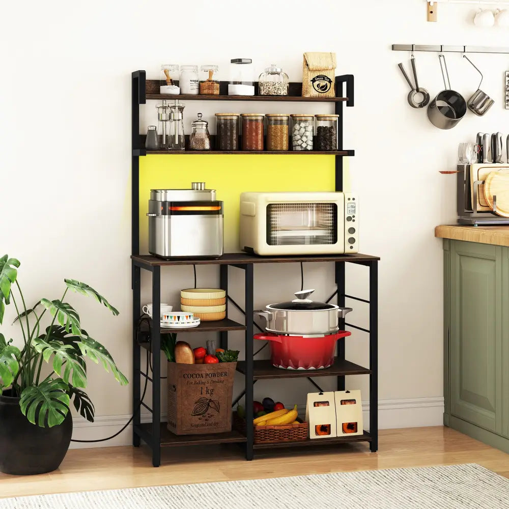 Kitchen Bakers Rack with Power Outlet 5-Tier Microwave Oven Stand with LED Lights-Rustic Brown - Rustic Brown - Baker’s