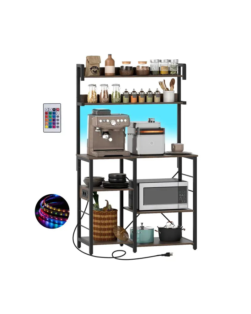 Kitchen Bakers Rack with Power Outlet 5-Tier Microwave Oven Stand with LED Lights-Rustic Brown - Rustic Brown - Baker’s