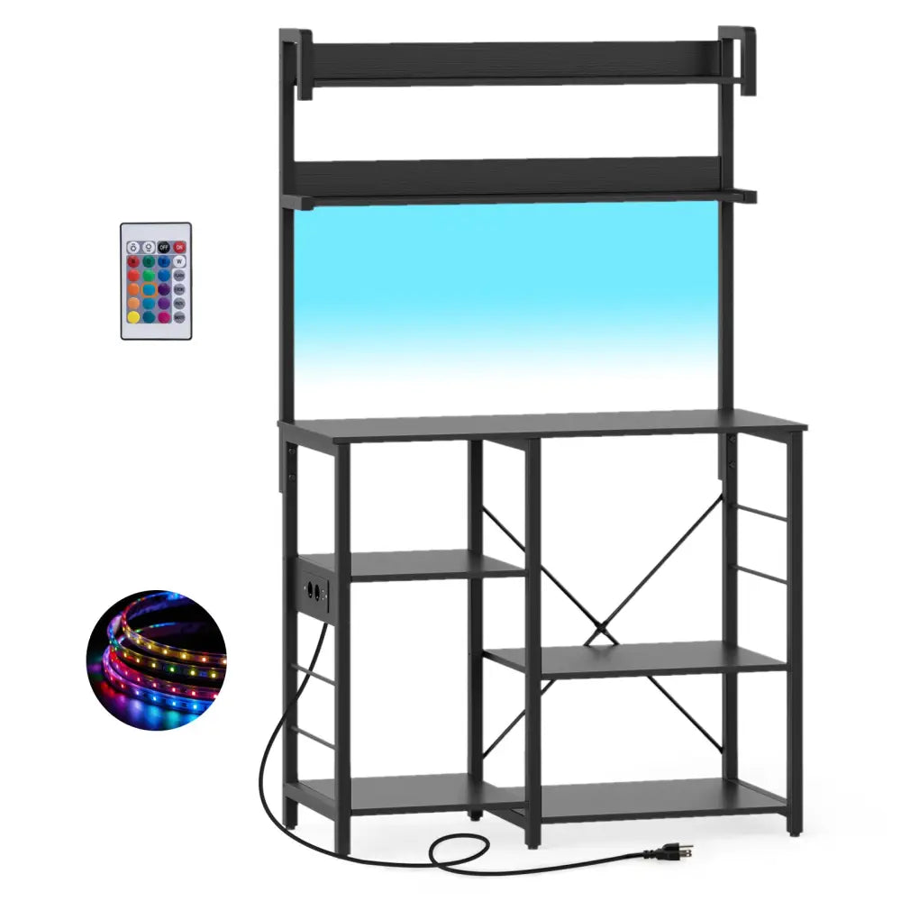 Kitchen Bakers Rack with Power Outlet 5-Tier Microwave Oven Stand with LED Lights-Black - Black - Baker’s Racks
