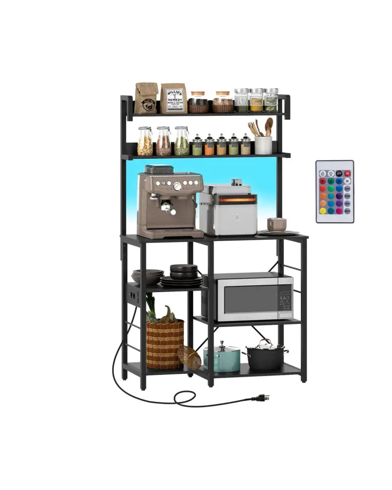 Kitchen Bakers Rack with Power Outlet 5-Tier Microwave Oven Stand with LED Lights-Black - Black - Baker’s Racks